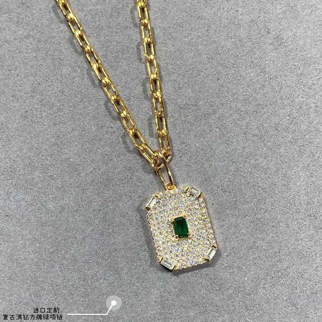 Gold-Tone Rectangular Druzy and Pavé Emerald Pendant Necklaces 8
