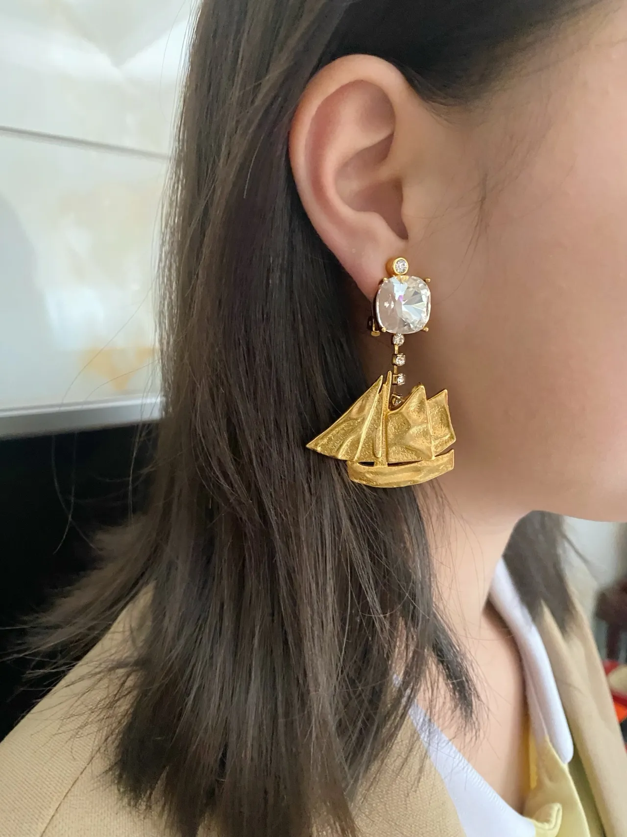 Gold-Tone Sailboat Motif Crystal Drop Earrings 2