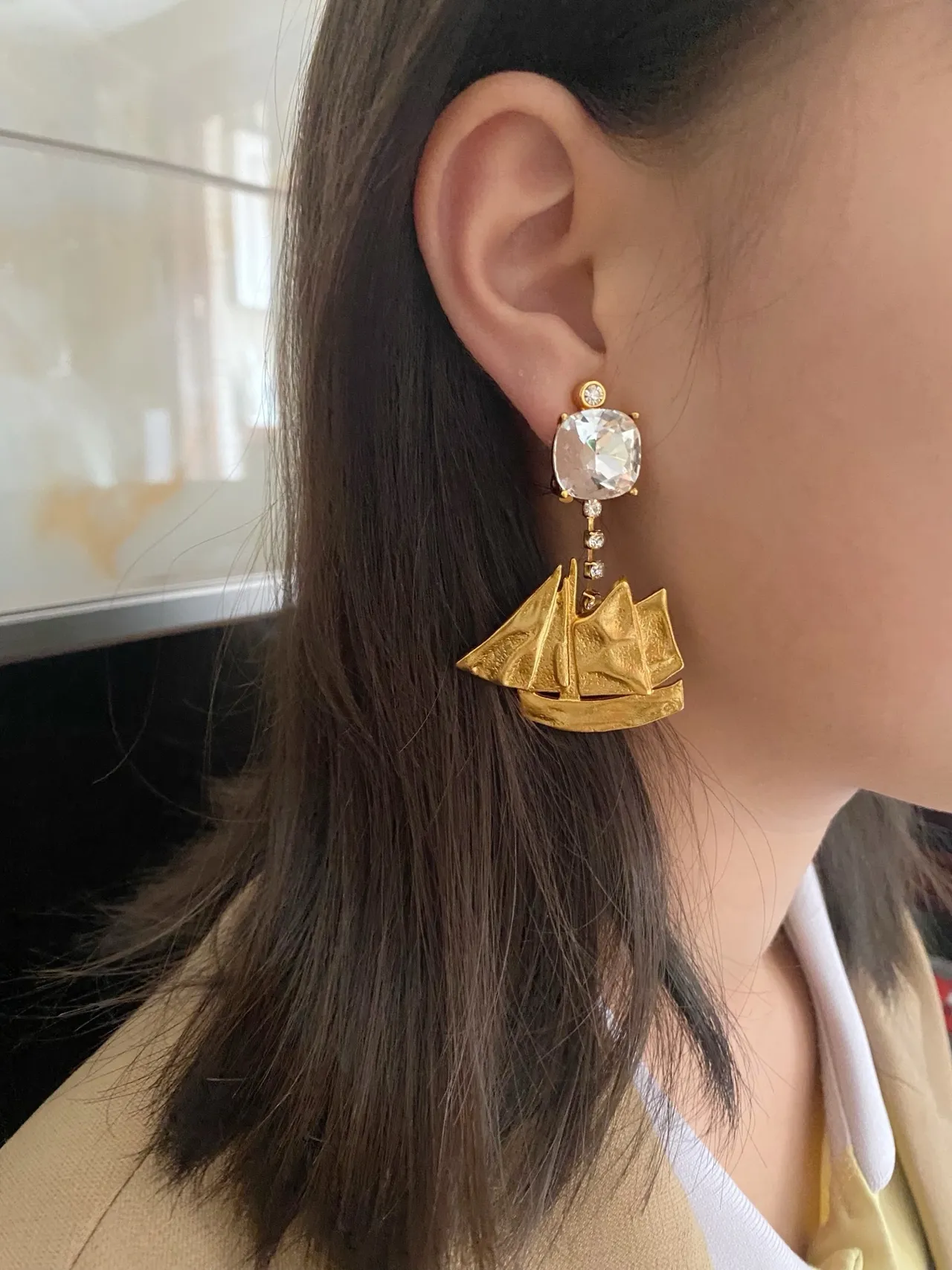 Gold-Tone Sailboat Motif Crystal Drop Earrings 3