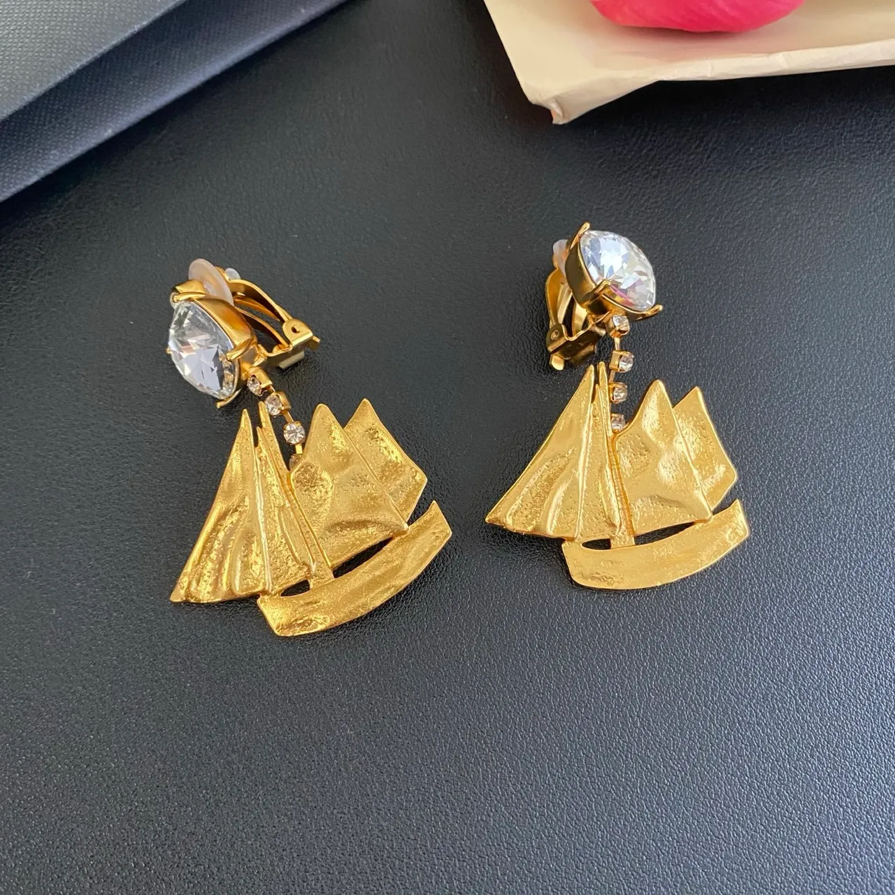 Gold-Tone Sailboat Motif Crystal Drop Earrings 5