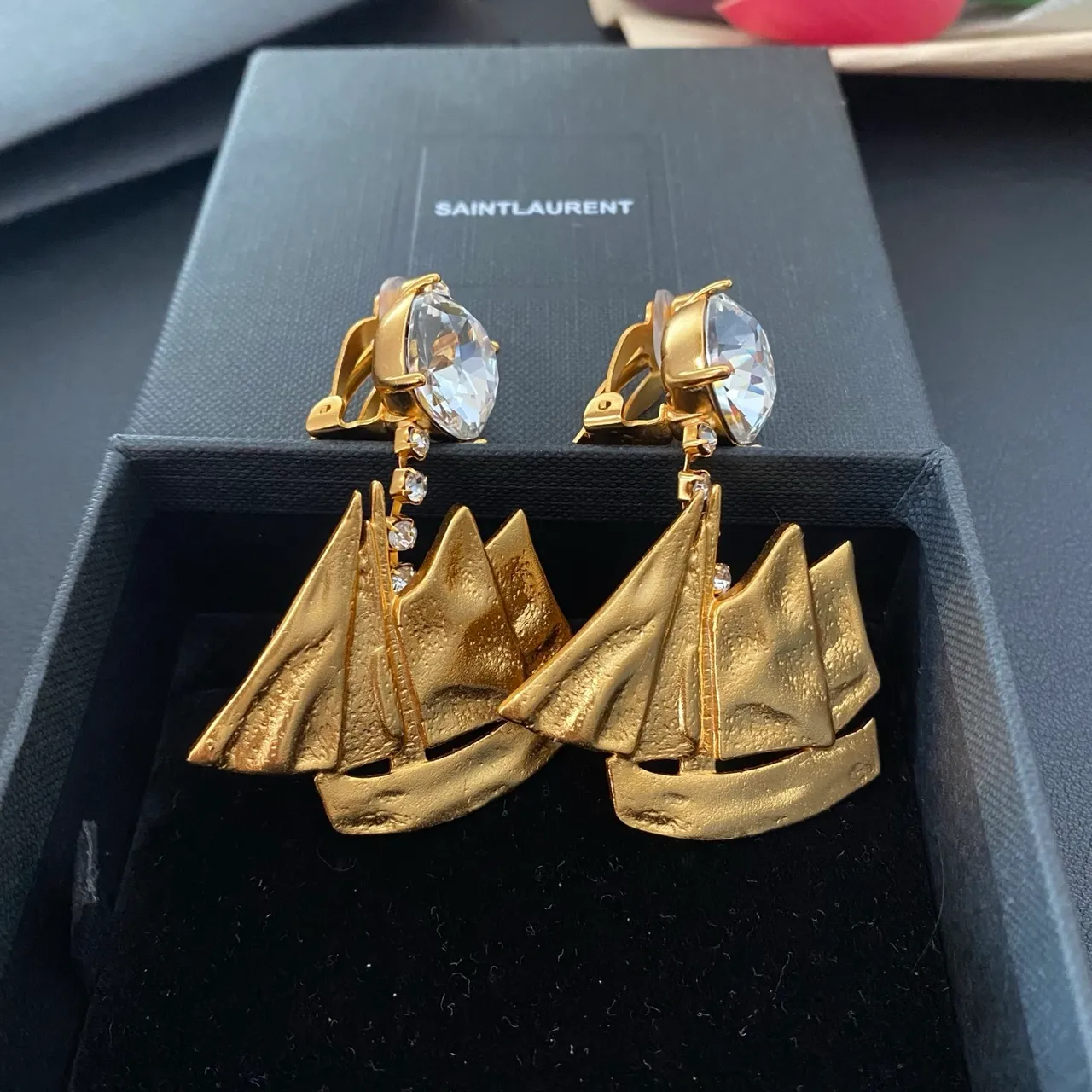 Gold-Tone Sailboat Motif Crystal Drop Earrings 6