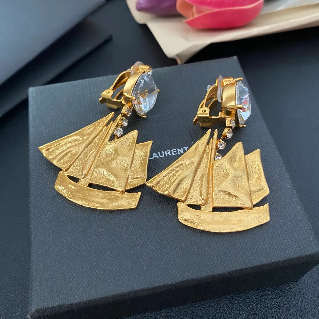 Gold-Tone Sailboat Motif Crystal Drop Earrings 7