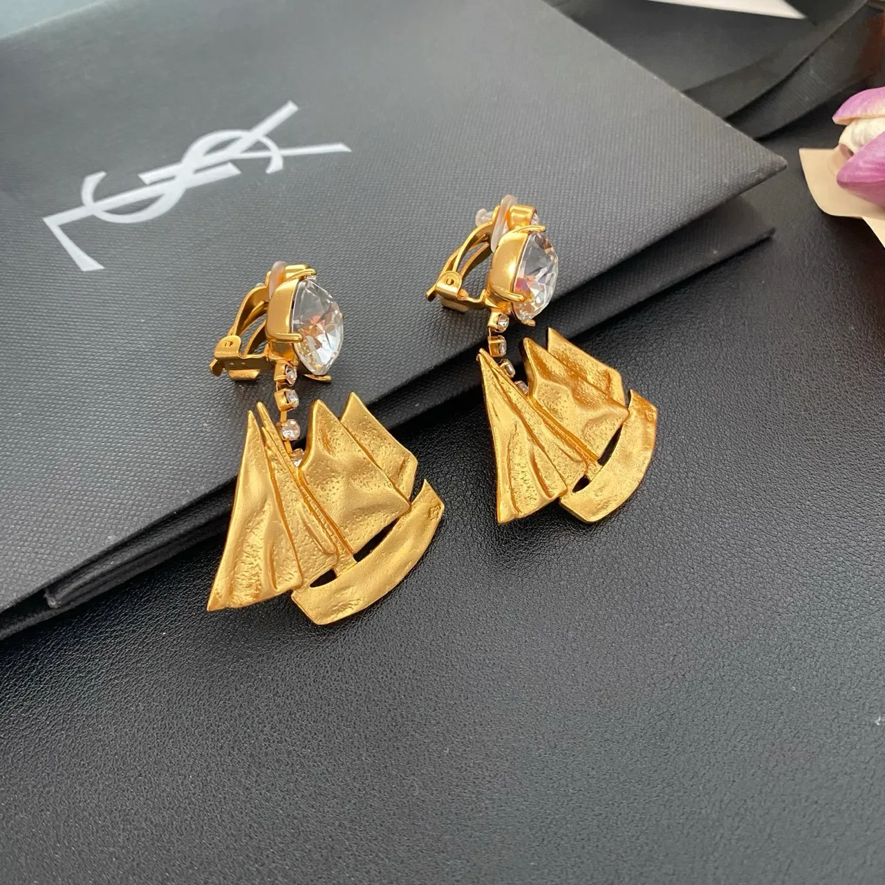 Gold-Tone Sailboat Motif Crystal Drop Earrings 8