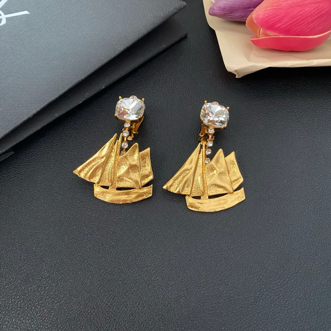 Gold-Tone Sailboat Motif Crystal Drop Earrings 9