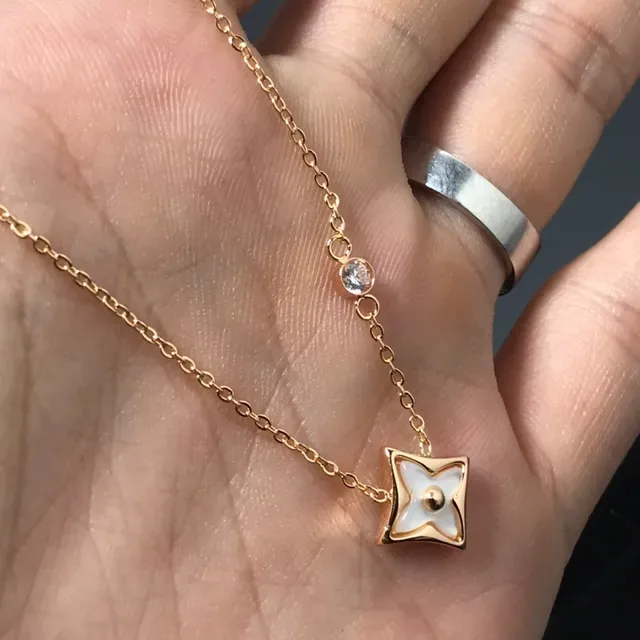 Gold-Tone Square Quatrefoil Mother-of-Pearl Inlay Necklace 2
