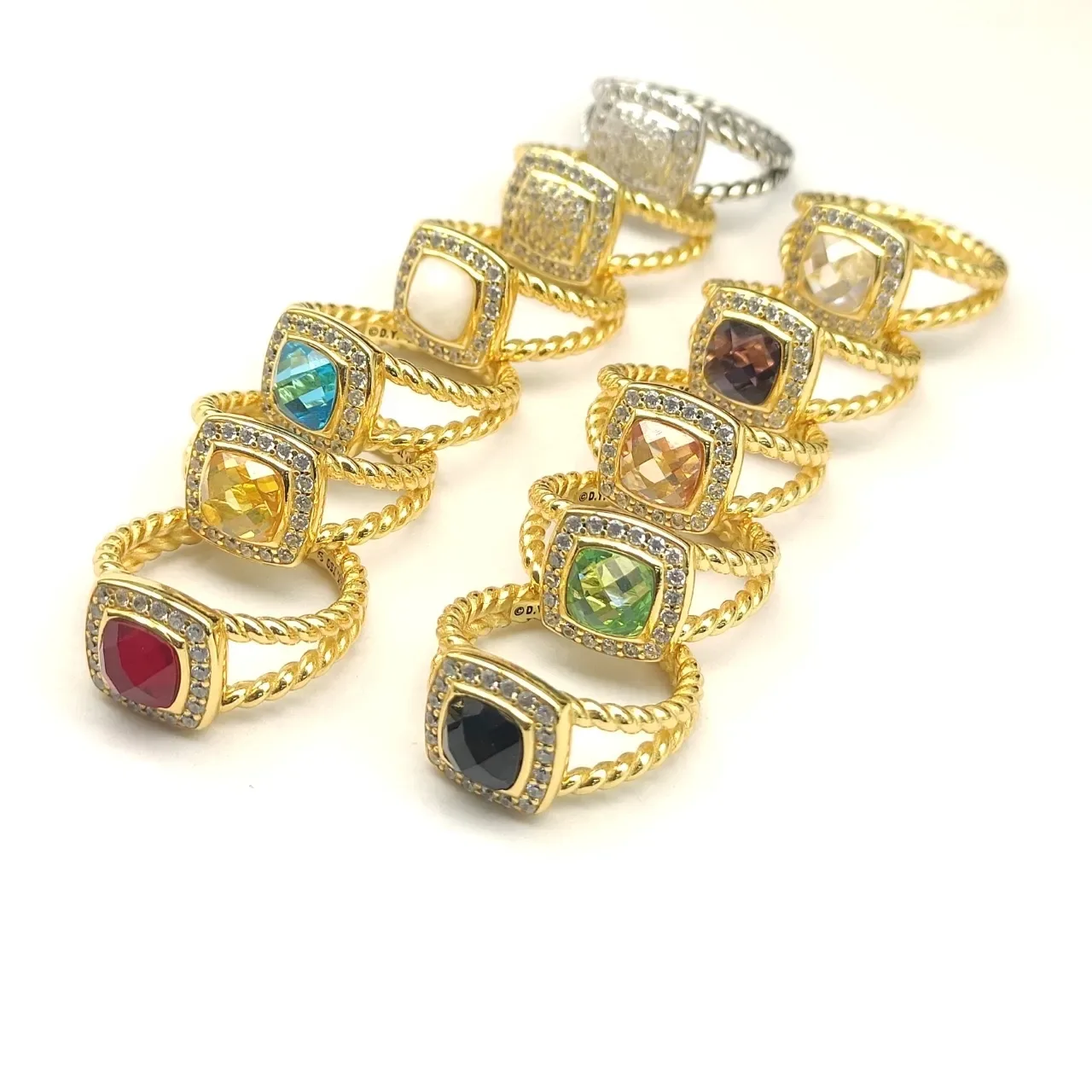 Gold-Tone Stackable Cushion-Cut Gemstone Pavé Halo Rope-Twist Rings 2