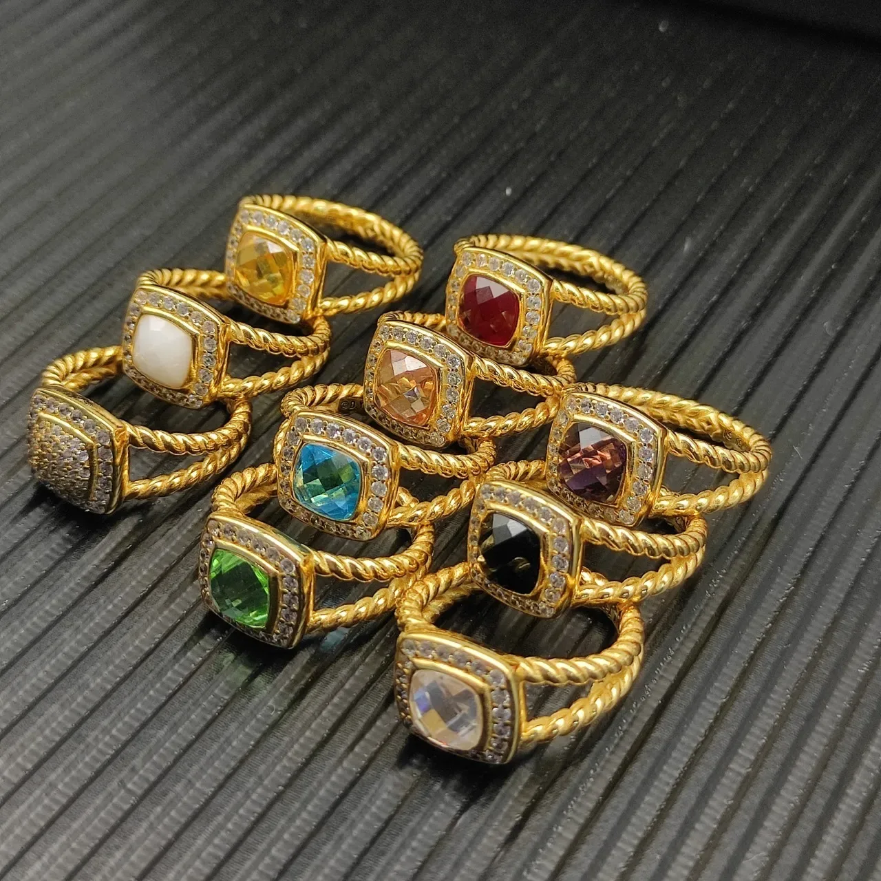Gold-Tone Stackable Cushion-Cut Gemstone Pavé Halo Rope-Twist Rings 3