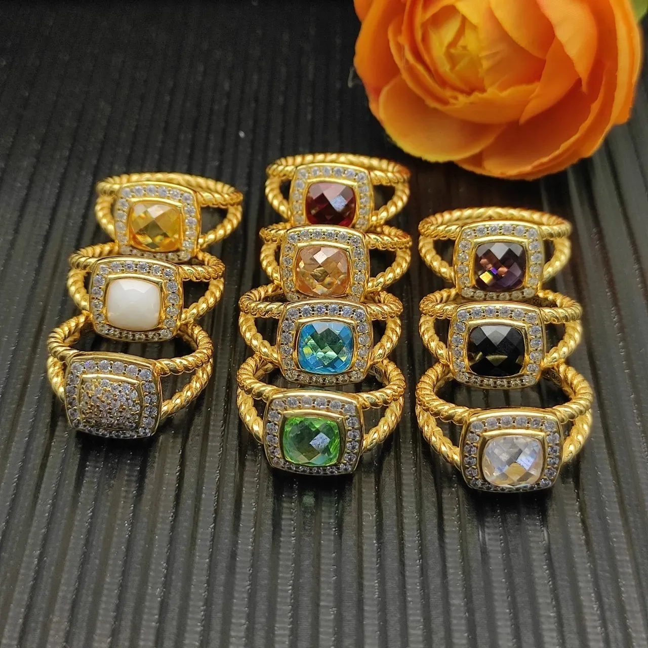 Gold-Tone Stackable Cushion-Cut Gemstone Pavé Halo Rope-Twist Rings 4