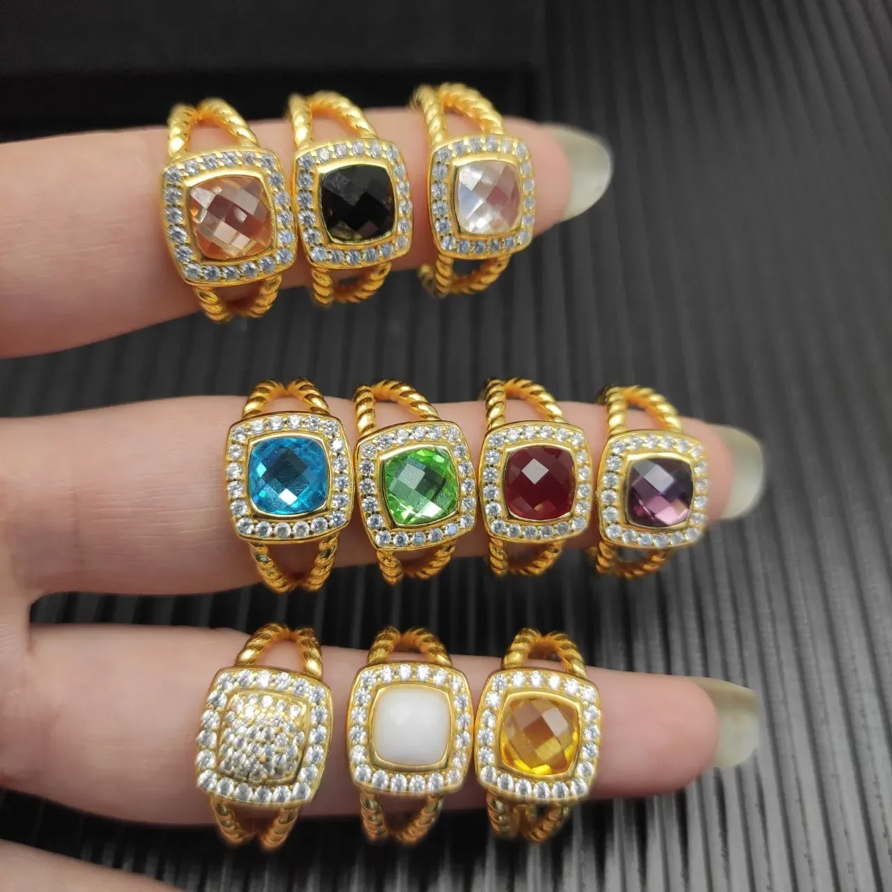 Gold-Tone Stackable Cushion-Cut Gemstone Pavé Halo Rope-Twist Rings 5