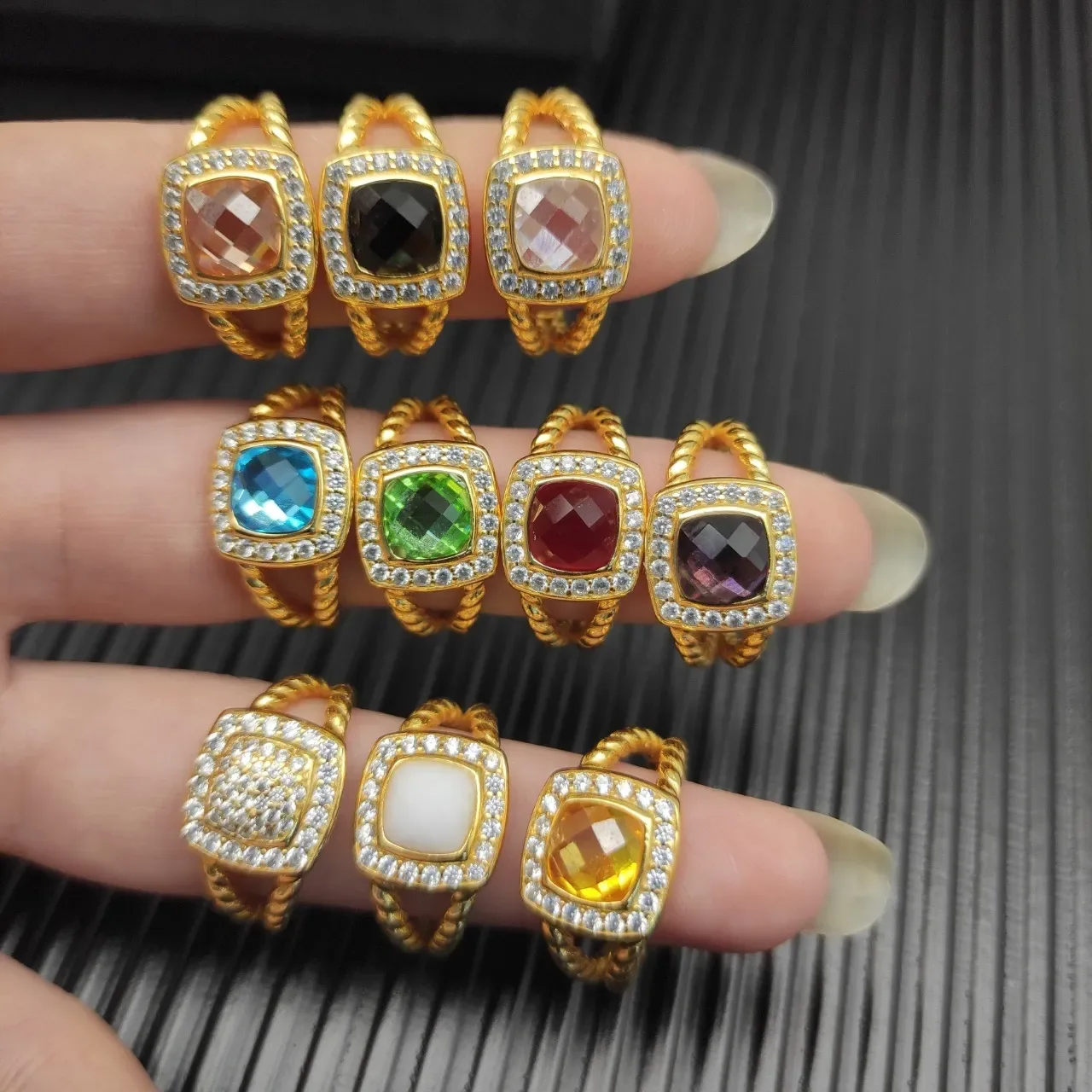 Gold-Tone Stackable Cushion-Cut Gemstone Pavé Halo Rope-Twist Rings 6