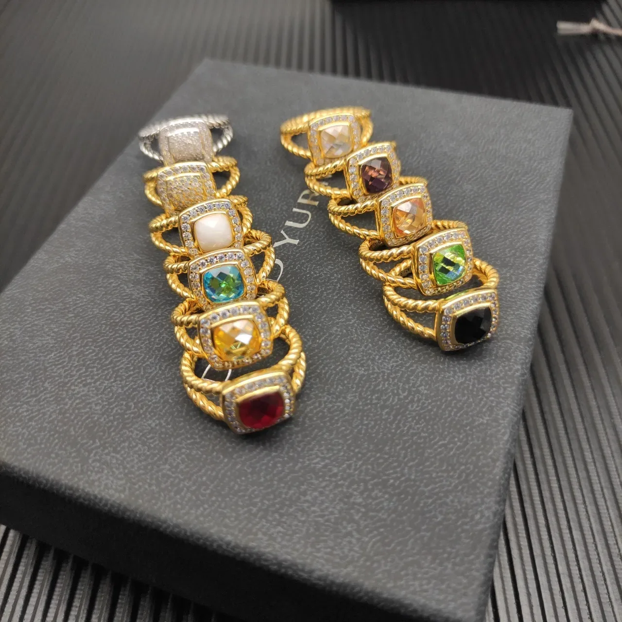 Gold-Tone Stackable Cushion-Cut Gemstone Pavé Halo Rope-Twist Rings 7