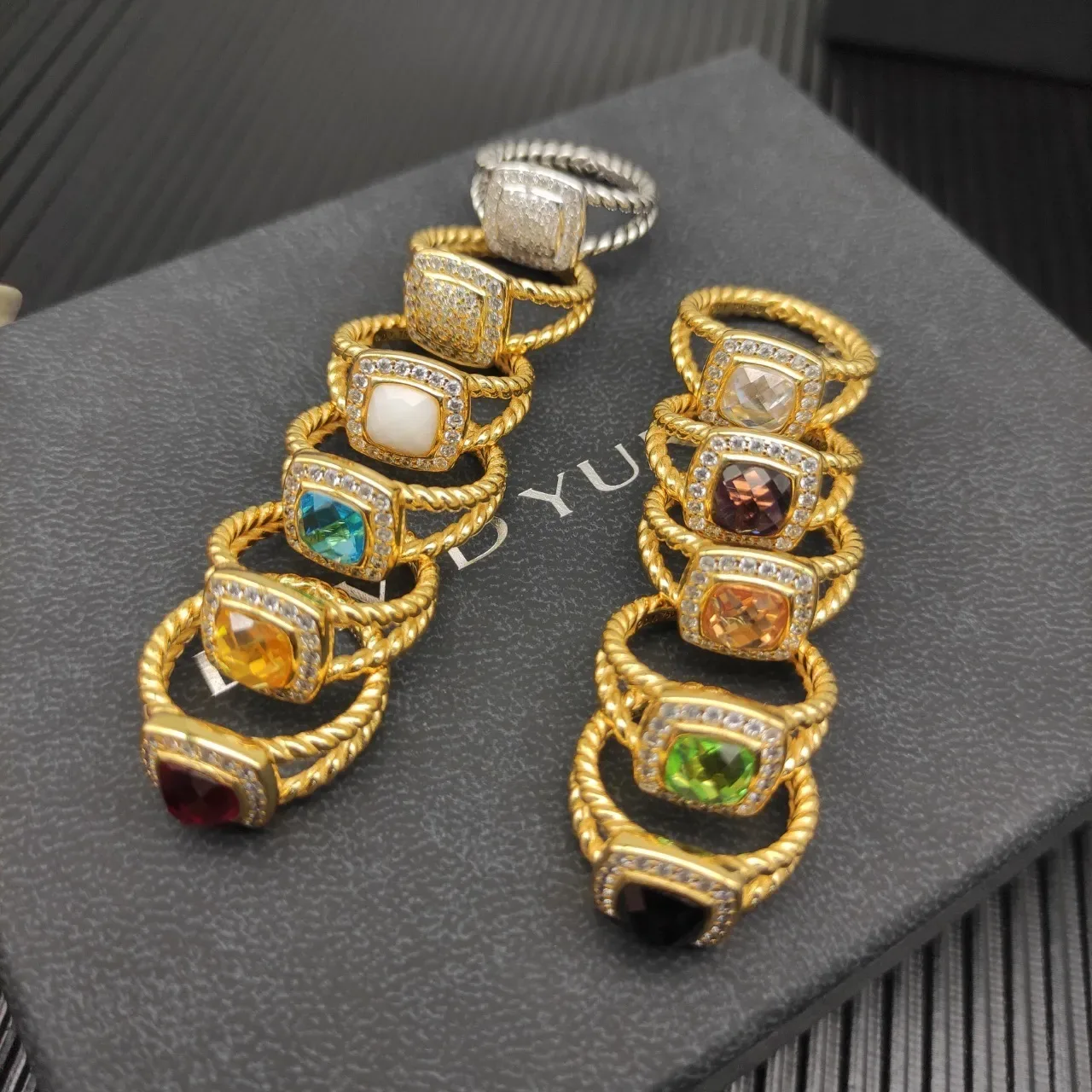 Gold-Tone Stackable Cushion-Cut Gemstone Pavé Halo Rope-Twist Rings 8