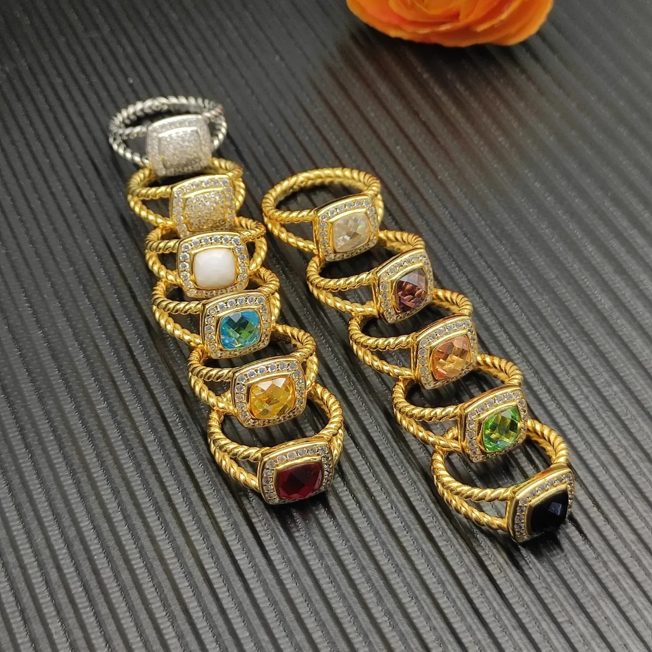 Gold-Tone Stackable Cushion-Cut Gemstone Pavé Halo Rope-Twist Rings 9
