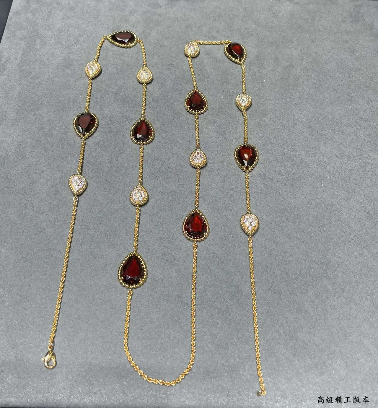 Gold-Tone Teardrop Red Gemstone and Pavé Necklace 2