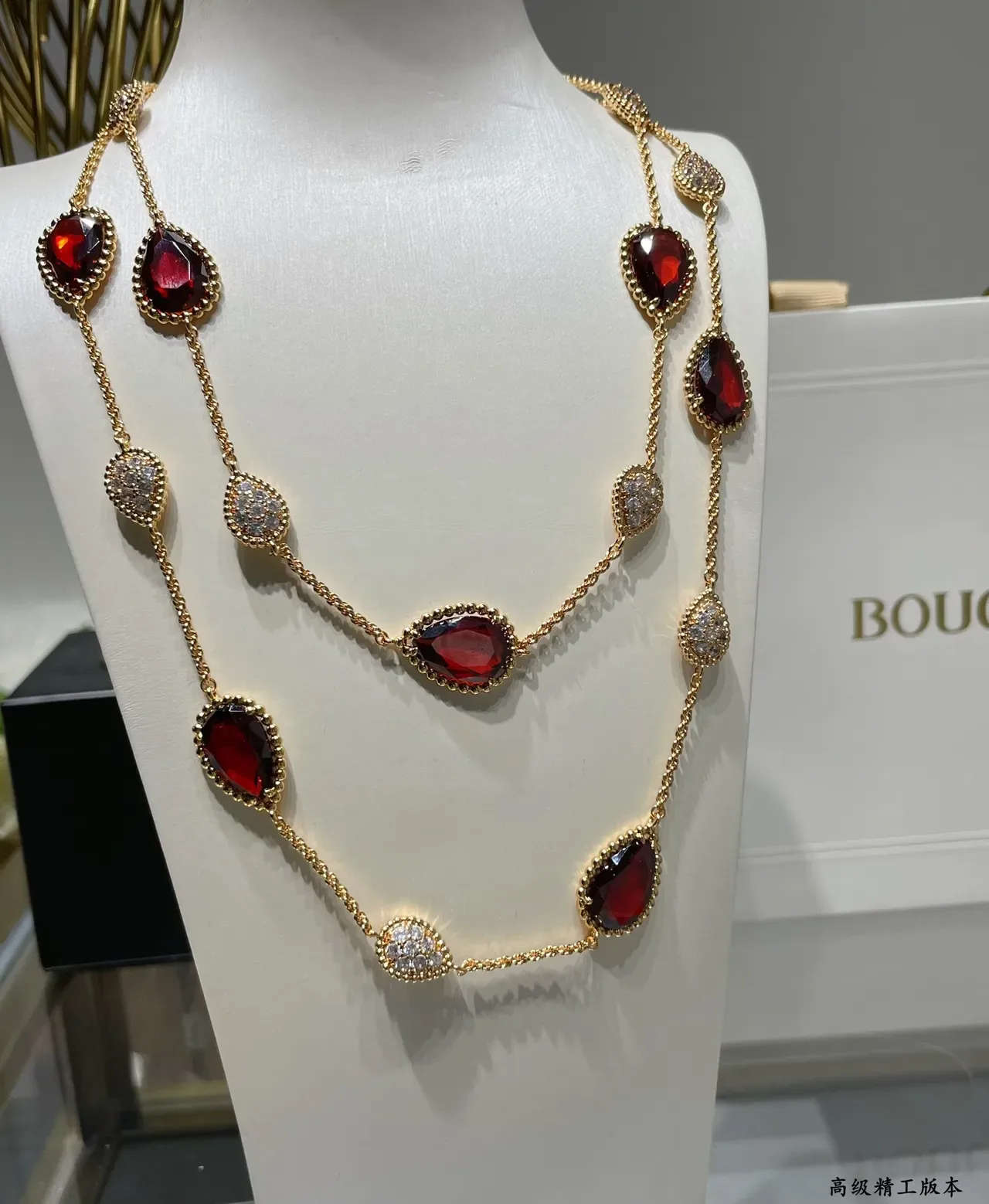 Gold-Tone Teardrop Red Gemstone and Pavé Necklace 4