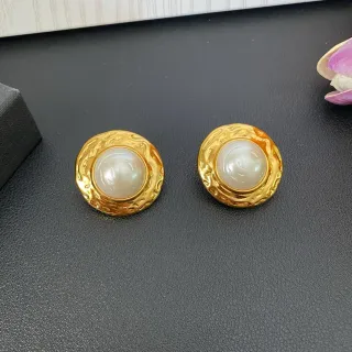 Gold-Tone Textured Bezel Pearl Stud Earrings
