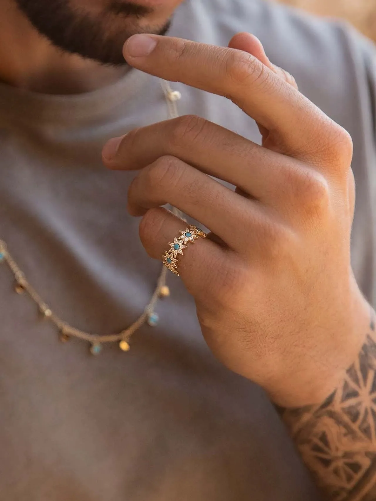 Gold-Tone Turquoise and Pavé Floral Starburst Ring 2