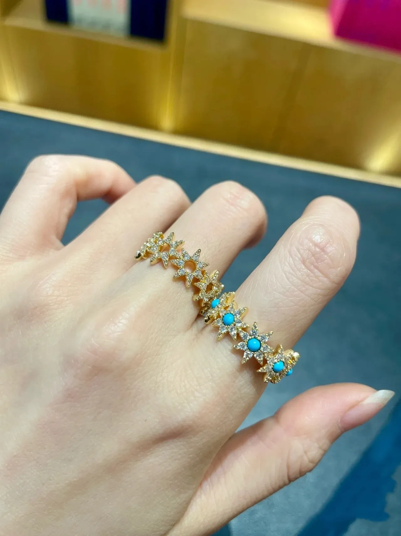 Gold-Tone Turquoise and Pavé Floral Starburst Ring 3