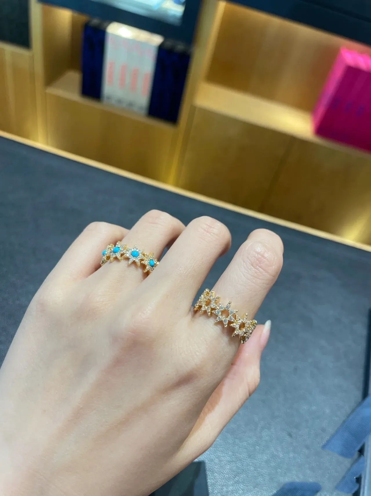 Gold-Tone Turquoise and Pavé Floral Starburst Ring 4