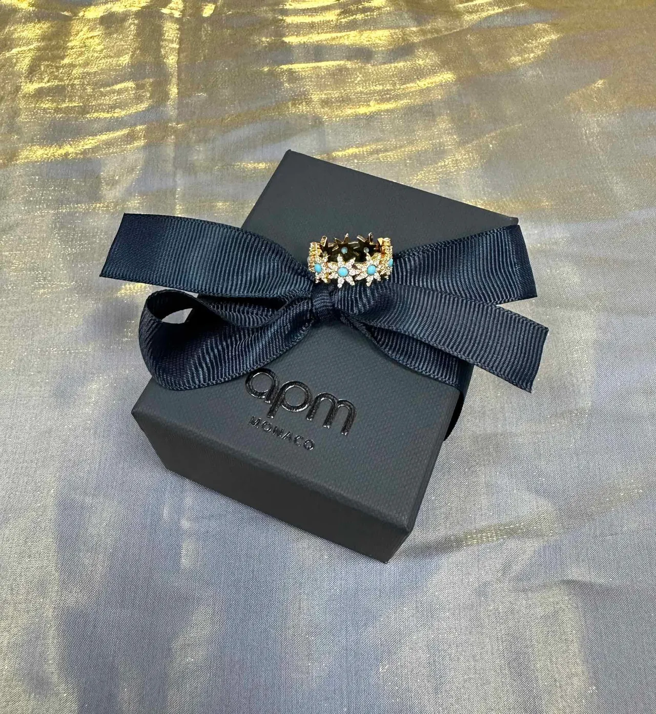 Gold-Tone Turquoise and Pavé Floral Starburst Ring 7