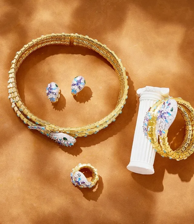 Gold-Toned Multi-Strand Gem-Encrusted Snake Motif Choker Bracelet 2