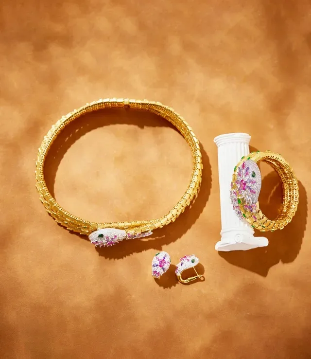 Gold-Toned Multi-Strand Gem-Encrusted Snake Motif Choker Bracelet 4