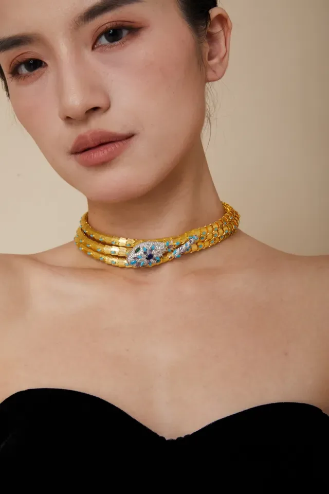 Gold-Toned Multi-Strand Gem-Encrusted Snake Motif Choker Bracelet 5