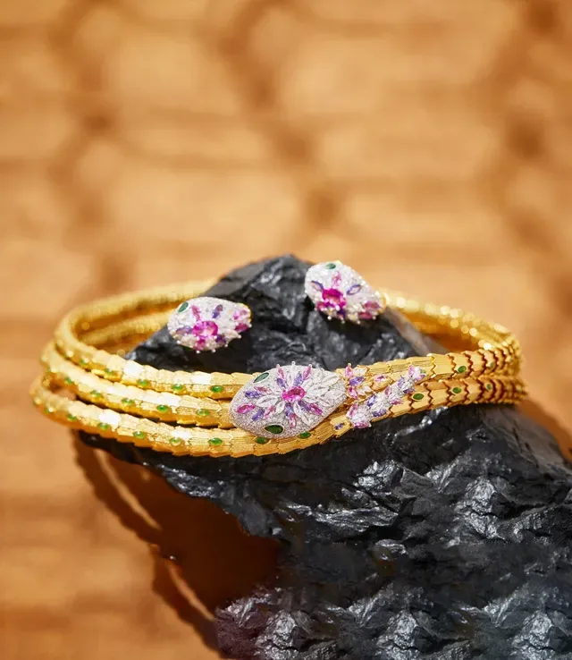 Gold-Toned Multi-Strand Gem-Encrusted Snake Motif Choker Bracelet 6