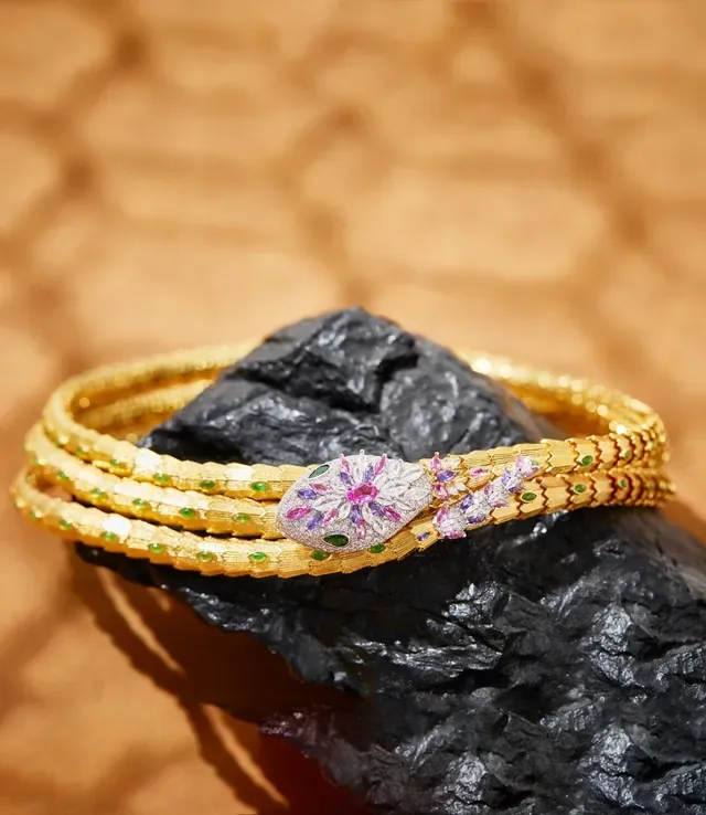 Gold-Toned Multi-Strand Gem-Encrusted Snake Motif Choker Bracelet 7