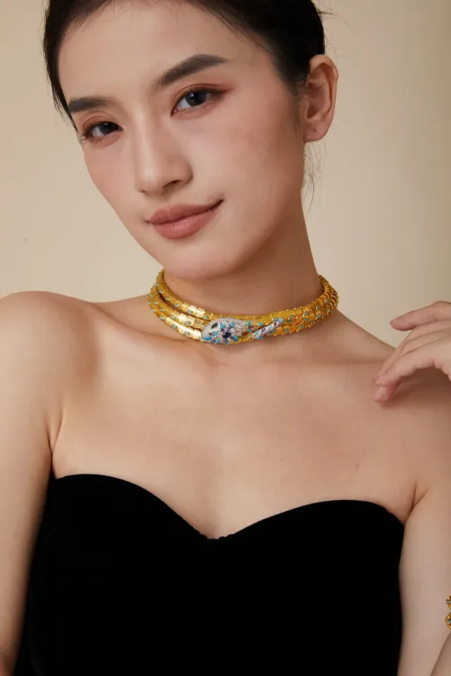 Gold-Toned Multi-Strand Gem-Encrusted Snake Motif Choker Bracelet 8