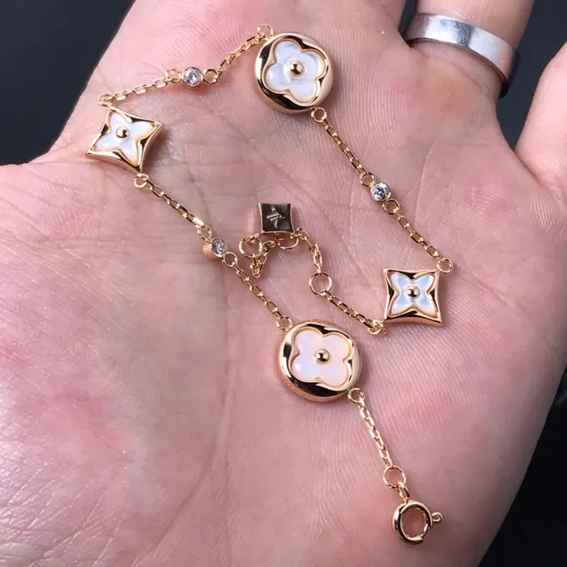 Gold White Chain Mother-of-Pearl Floral Charms Bracelet 2