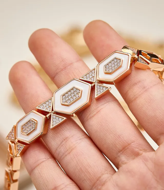 Gold White Geometric Hexagonal Links Enamel Inlays Necklace 4