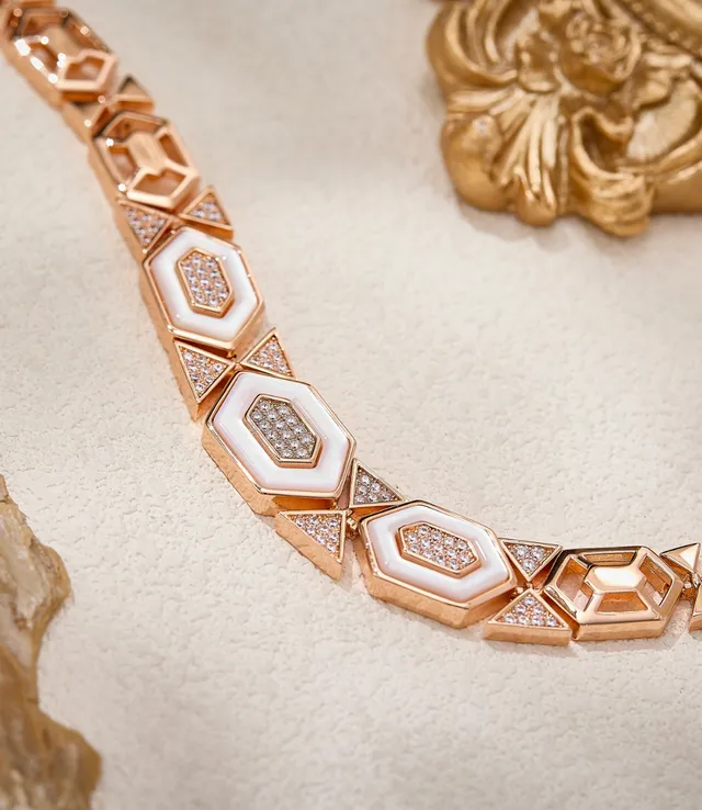 Gold White Geometric Hexagonal Links Enamel Inlays Necklace 5