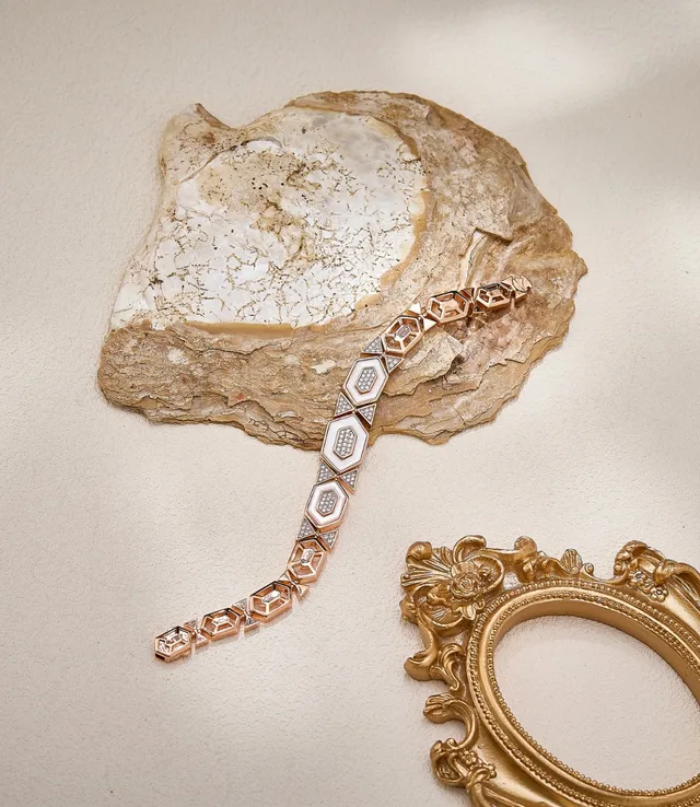 Gold White Geometric Hexagonal Links Enamel Inlays Necklace 6