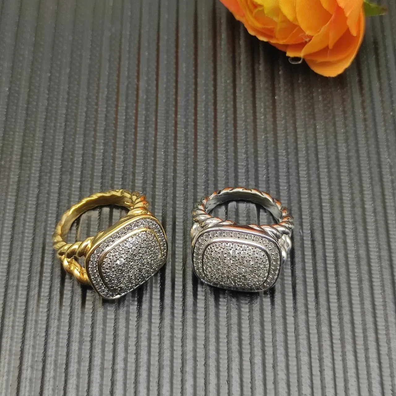 Gold White Pavé-Set Square Face Ring 3