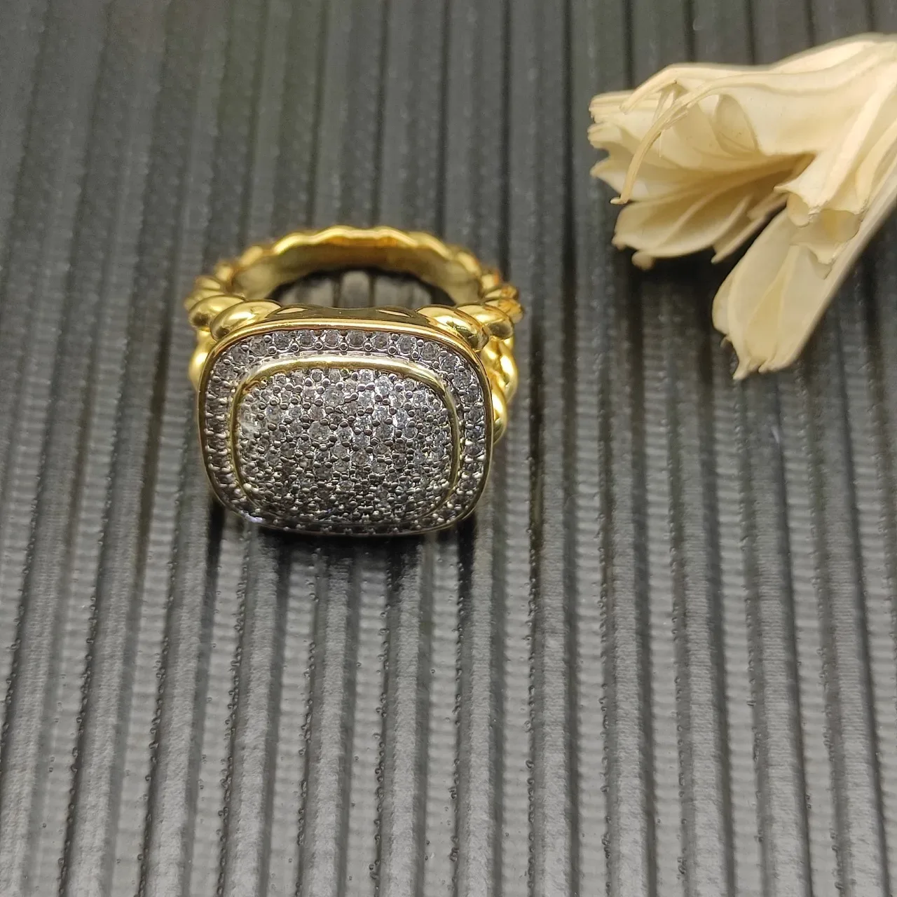 Gold White Pavé-Set Square Face Ring 6