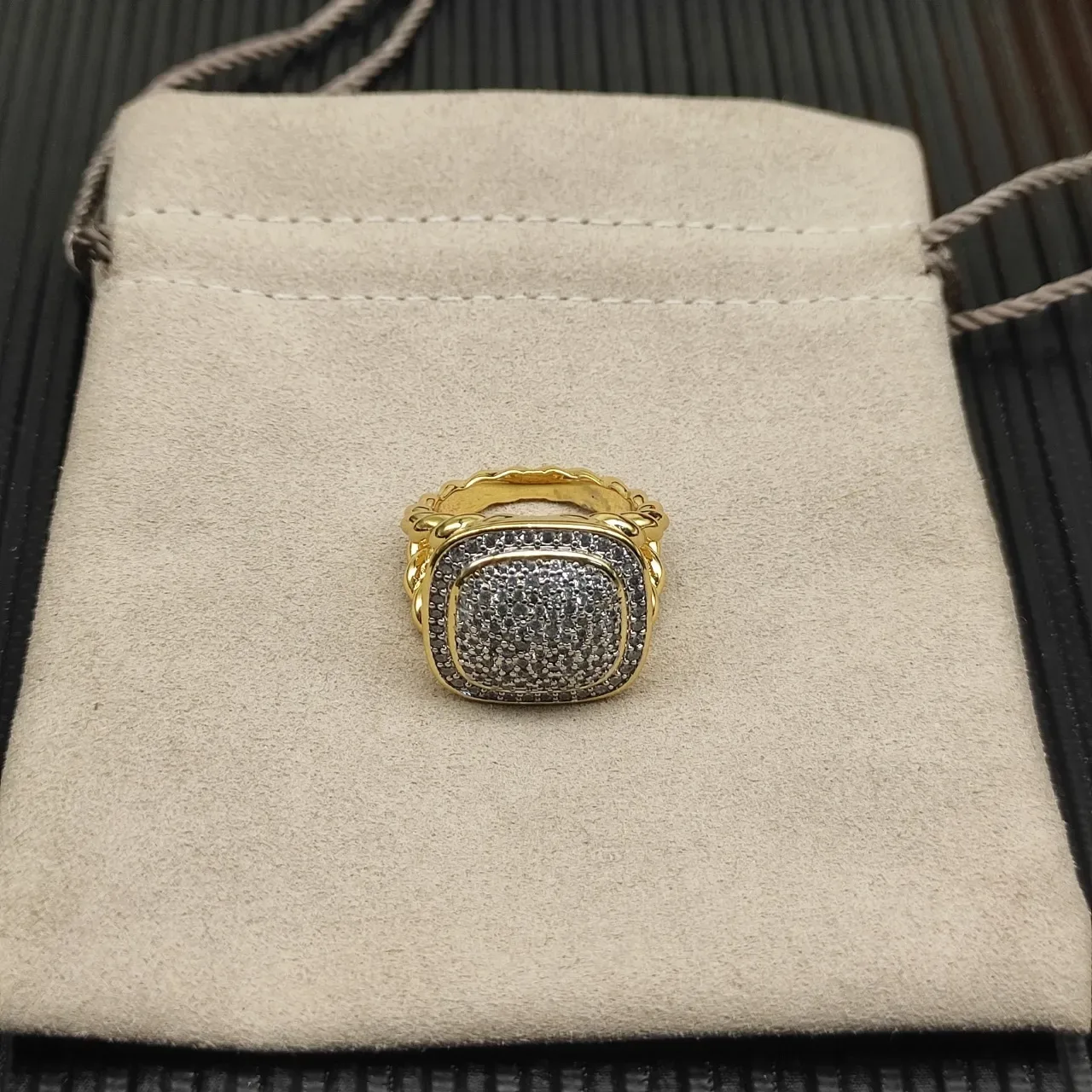 Gold White Pavé-Set Square Face Ring 8