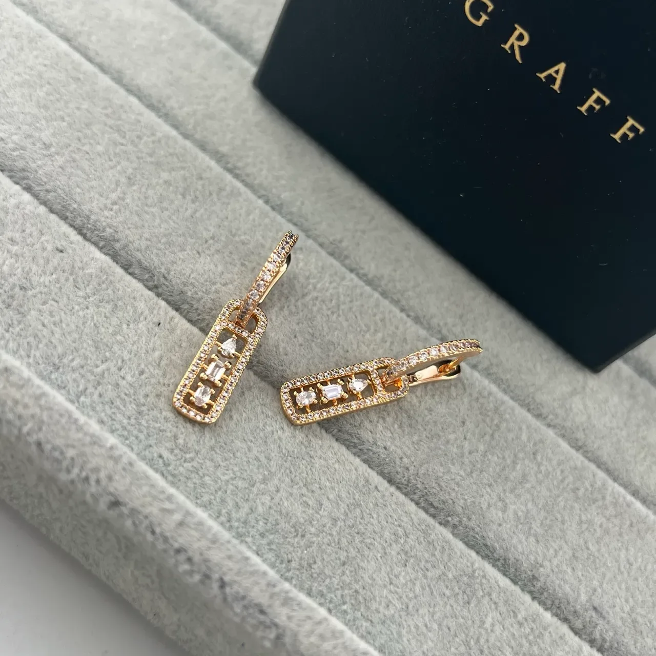 GRAFF Gold Silver Rectangular Drop Pave-Set Earrings 2