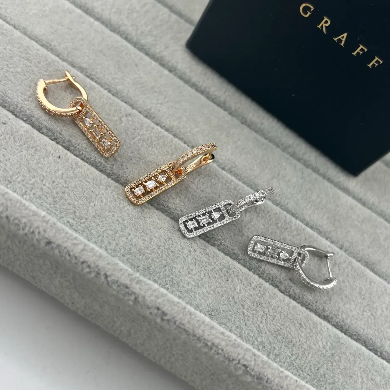 GRAFF Gold Silver Rectangular Drop Pave-Set Earrings 5