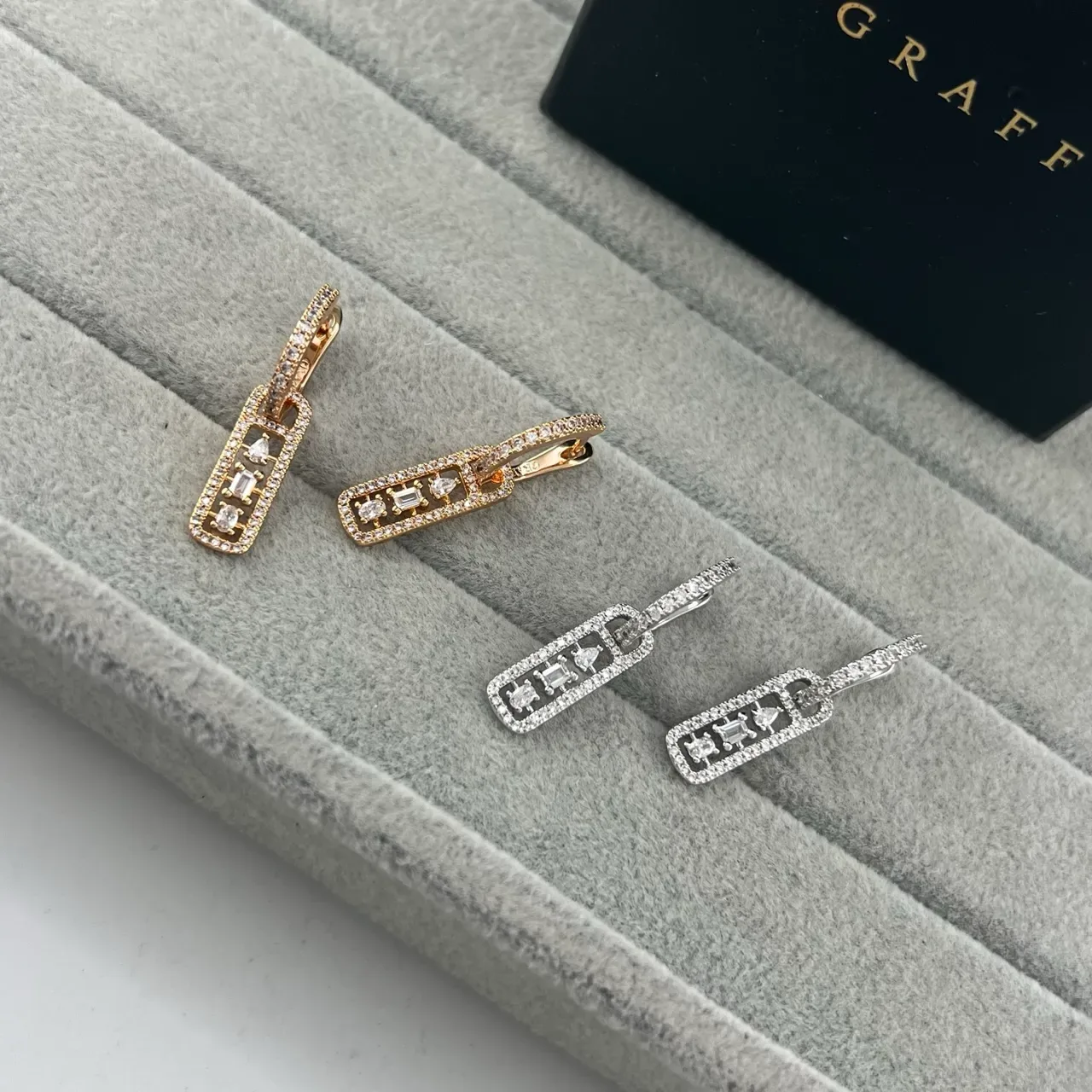 GRAFF Gold Silver Rectangular Drop Pave-Set Earrings 6