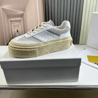 Gray Beige Platform Sole Textured Rubber Midsole Sneakers