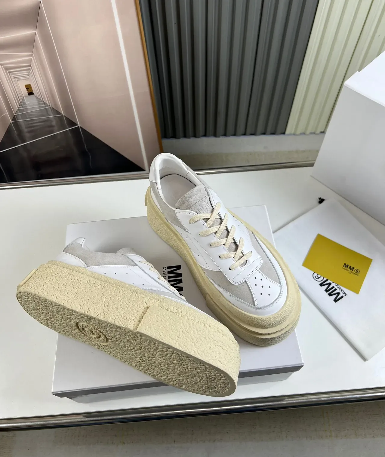 Gray Beige Platform Sole Textured Rubber Midsole Sneakers 5