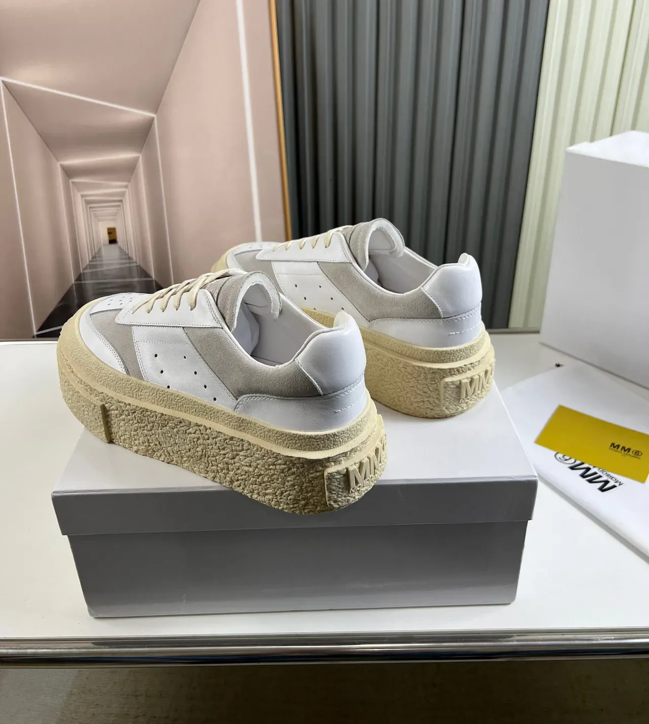 Gray Beige Platform Sole Textured Rubber Midsole Sneakers 6