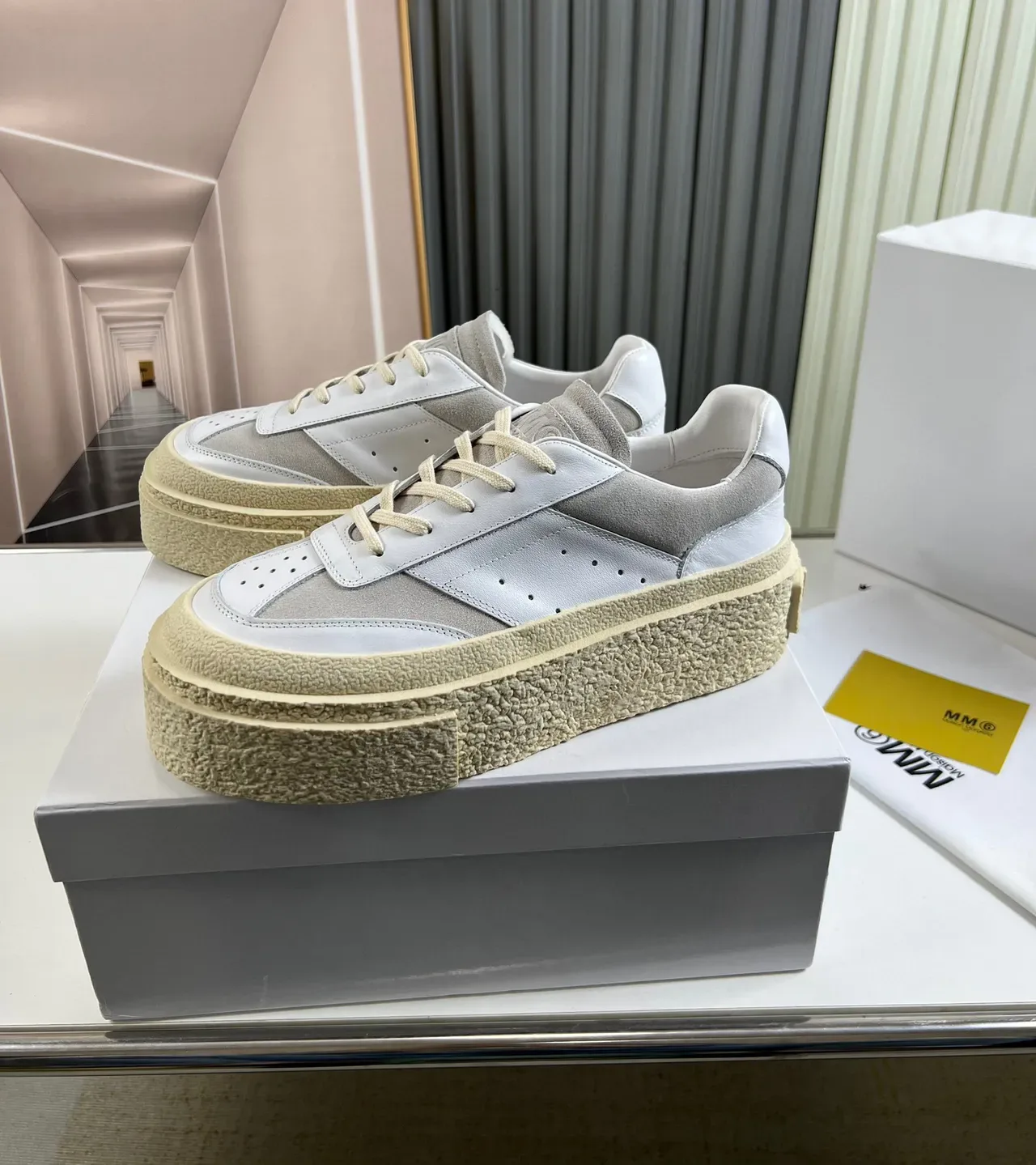 Gray Beige Platform Sole Textured Rubber Midsole Sneakers 8