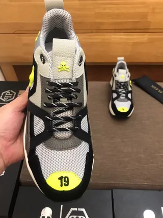 Gray Black and Neon Yellow Skull-Graphic Chunky Sneakers 3