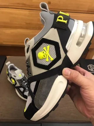 Gray Black and Neon Yellow Skull-Graphic Chunky Sneakers 5