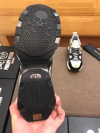 Gray Black and Neon Yellow Skull-Graphic Chunky Sneakers 7