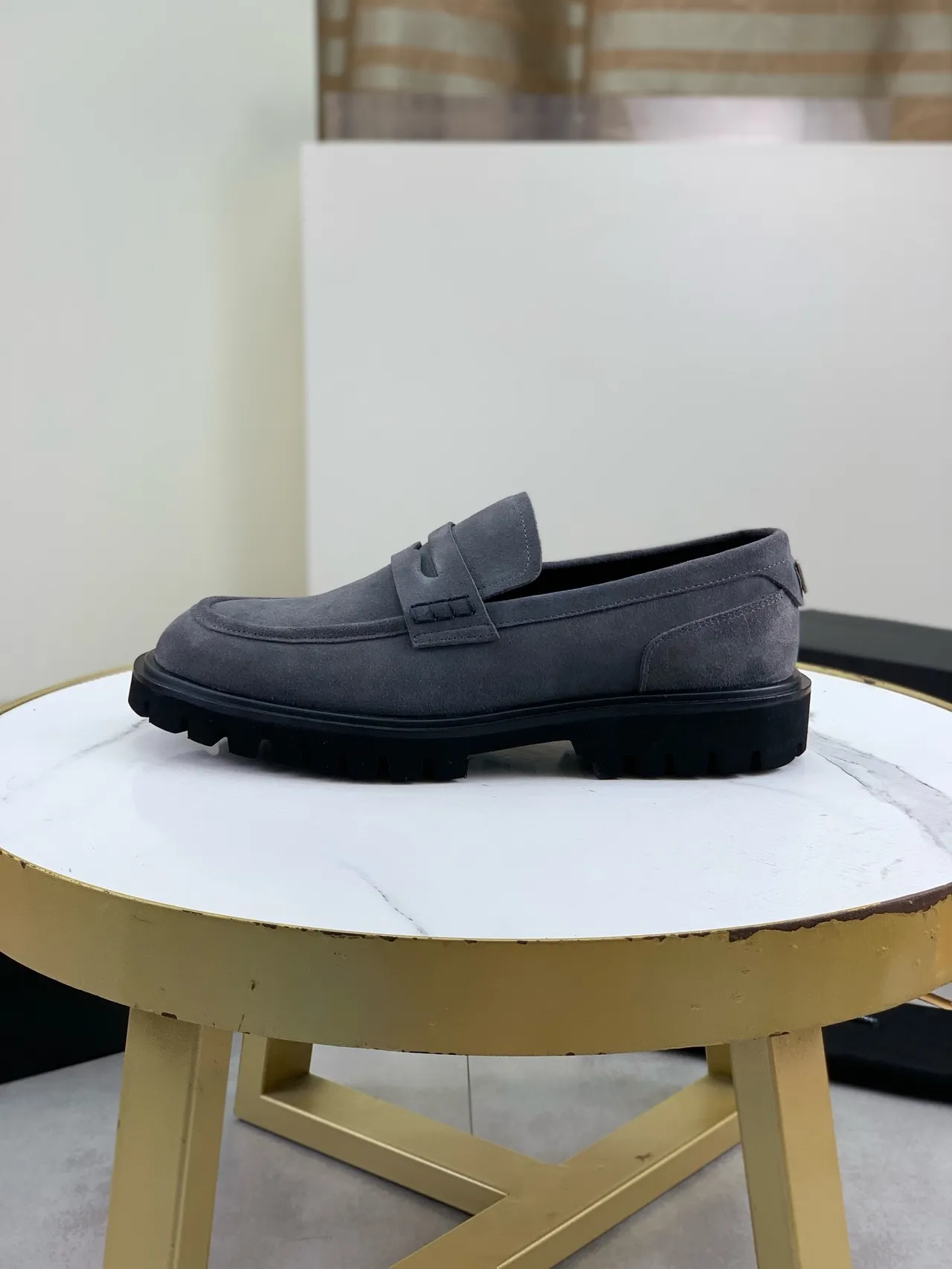 Gray Black Suede Upper Penny Strap Loafer 6