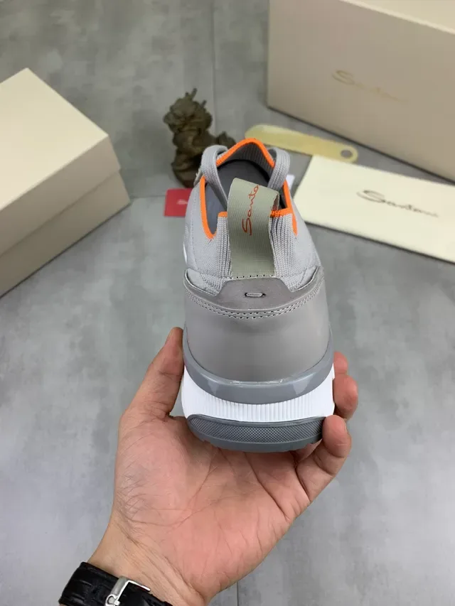 Gray Orange Knit Upper Integrated Lace Cage Sneakers 3