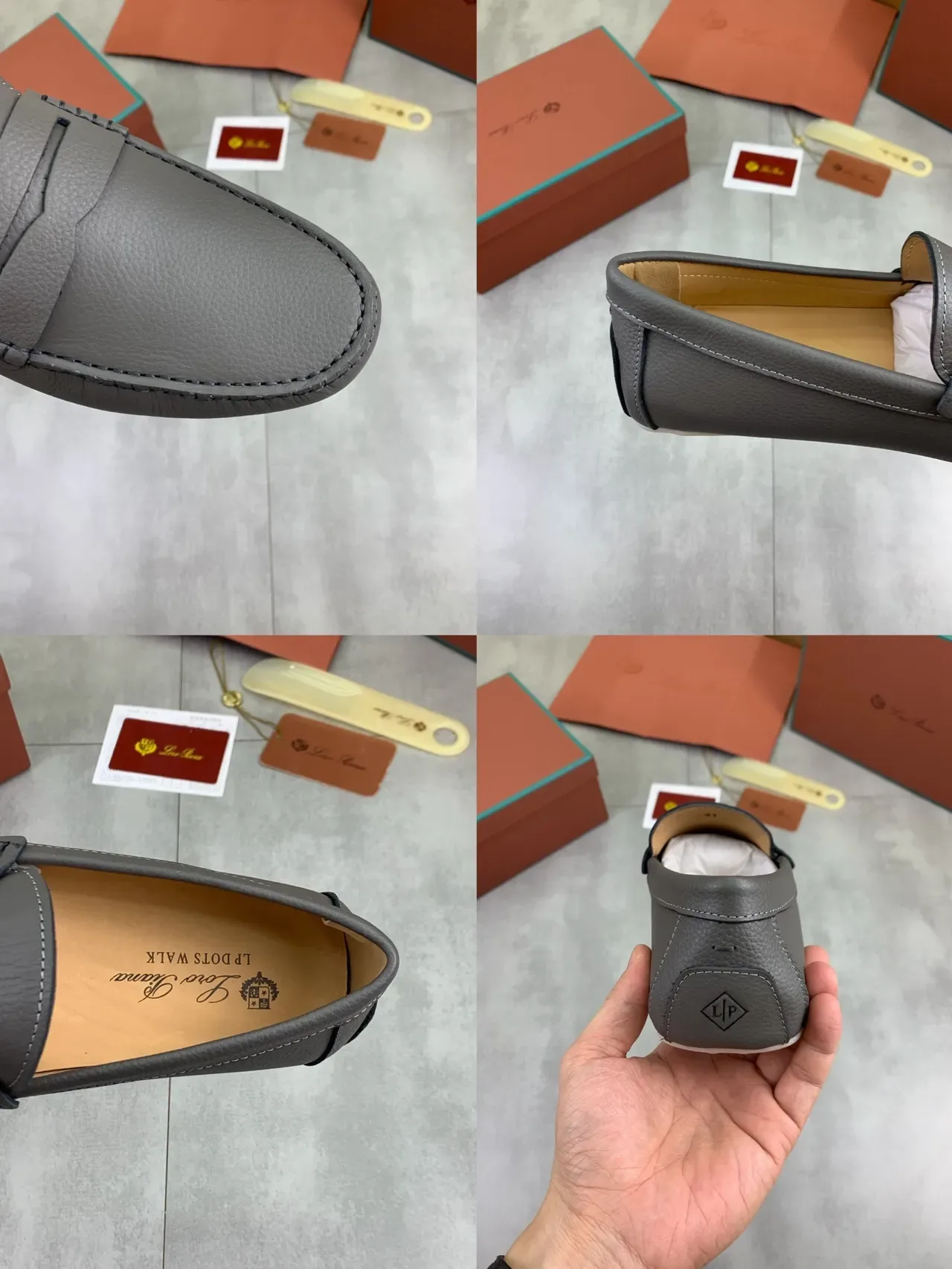 Gray Pebbled Leather Penny Strap Loafers 2